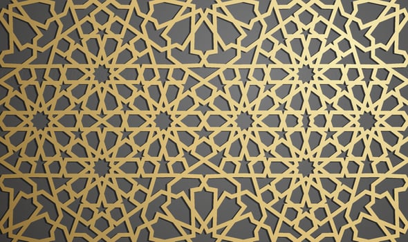 Islamic ornament vector , persian motiff . 3d ramadan islamic round pattern elements . Geometric circular ornamental arabic symbol vector . Gold background