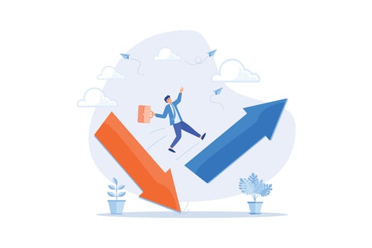 Economic and investment improvement or recover from crisis, stock market or crypto uncertainty, change from down turn to rising up concept, flat vector modern illustration