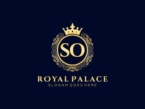 Letter SO Antique royal luxury victorian logo with ornamental frame. vector