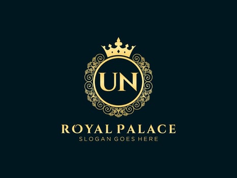 Letter UN Antique royal luxury victorian logo with ornamental frame. vector