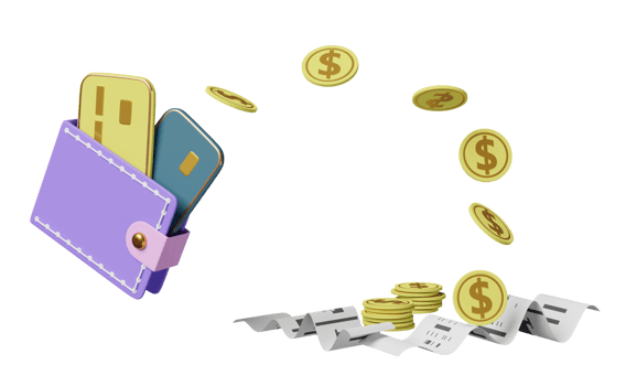 wallet with credit card, coins, invoice or paper check receipt, electronic bill payment isolated. saving money concept, 3d illustration or 3d render png