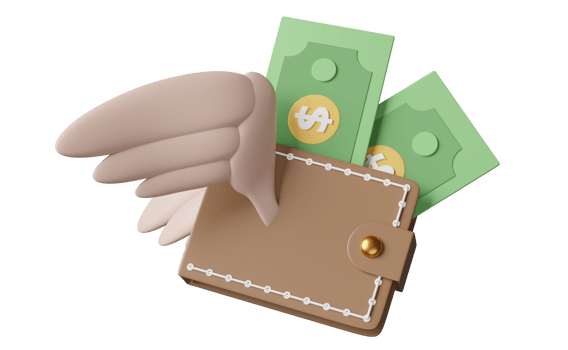 Flying wallet and wings with dollar banknote isolated. lost money concept, 3d illustration or 3d render png