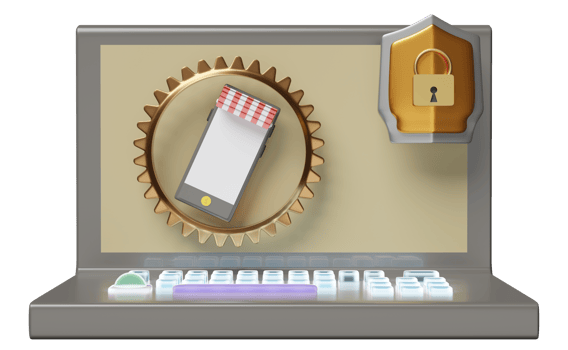 3d grey laptop computer with shield, mobile phone, smartphone store front, gear isolated. Internet security or privacy protection, ransomware protect concept, 3d render illustration png