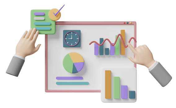 3d charts and graph with businessman hand, check, analysis business financial data, clock isolated. Online marketing business strategy concept, 3d render illustration png
