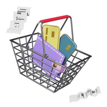stainless steel shopping carts or basket with wallet, credit card, invoice, paper check receipt, electronic bill payment isolated. saving money concept, 3d illustration, 3d render png