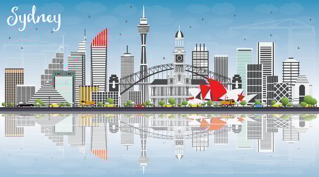 Sydney Australia Skyline with Gray Buildings, Blue Sky and Reflections. vector