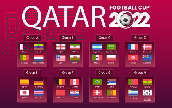 South Sumatera, Indonesia, 11-21-2022,  Vector table of the final stage of the 2022 FIFA World Cup tournament in Qatar. All teams with icons of national flags. Template
