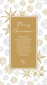 Merry Christmas and Happy New Year vertical greeting card with hand drawn golden five pointed stars and snowflakes. Vector illustration in sketch style. Social media stories template