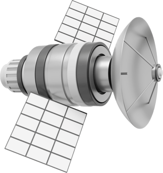 Space satellite with an antenna. Orbital communication station intelligence, research. 3D rendering. Metallic PNG icon on transparent background.
