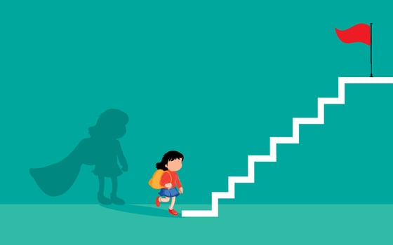 Super girl, kid girl, super women, women empowerment vector, brave woman with super hero shadow. strong successful female leader flat vector illustration