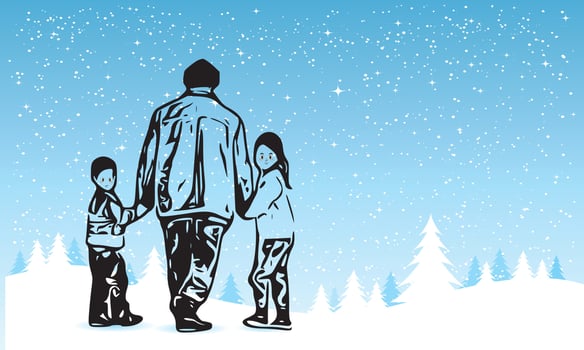 Illustration of a father holding his hands tightly and walking with children looking behind him on snowy roads in winter. vector
