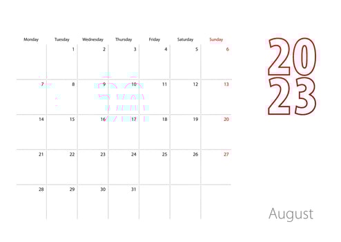 Calendar for August 2023 in modern design, planner template. vector