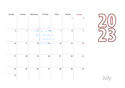 Calendar for July 2023 in modern design, planner template. vector