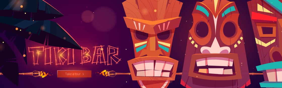 Tiki bar cartoon web banner with tribal masks vector