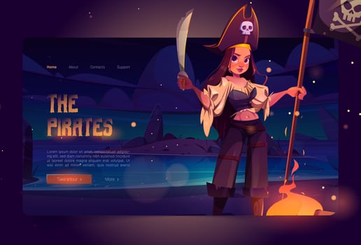 Girl pirate on night beach cartoon landing page vector