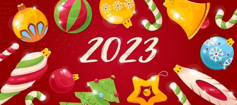 Happy New Year 2023, postcard, banner with Christmas decorations. Vector illustration