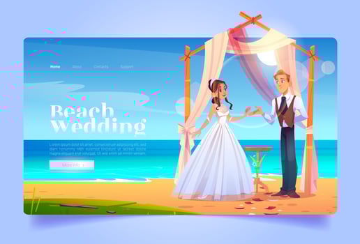 Beach wedding cartoon landing page bride and groom vector