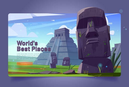 World best places cartoon landing, Moai statues vector