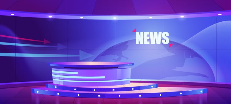 Tv news studio, television broadcast room interior vector