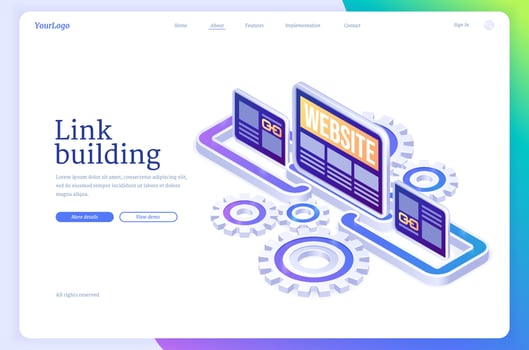 Link building isometric landing page, SEO method vector