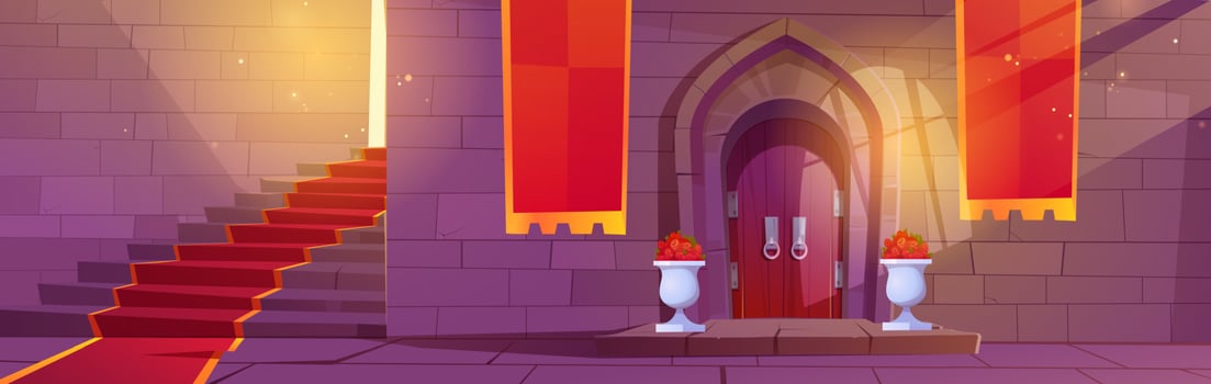 Medieval castle interior with wooden arched door vector