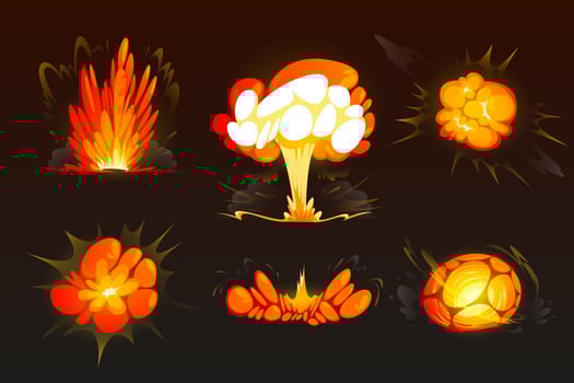 Cartoon bomb explosion set. Clouds, boom effect vector