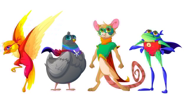 Superhero animals cartoon characters cute mascots vector