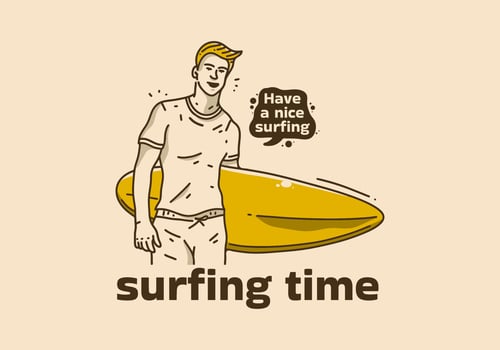 Vintage illustration of man holding surfing board vector