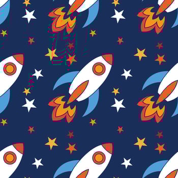 Rocket Spacecraft with stars Seamless vector Pattern. Design for use background, textile,Fabric, Wrapping paper and others Isolated on navy blue Background.