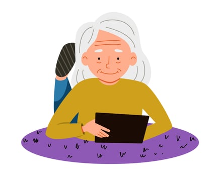 An elderly woman is lying on the floor and playing on a tablet. vector