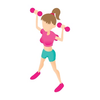 Fitness girl with dumbbells icon, cartoon style vector