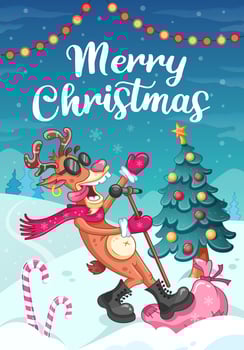 Christmas greeting card. Singing cool reindeer with microphone and black glasses. Cartoon vector illustration. Winter background with christmas tree.