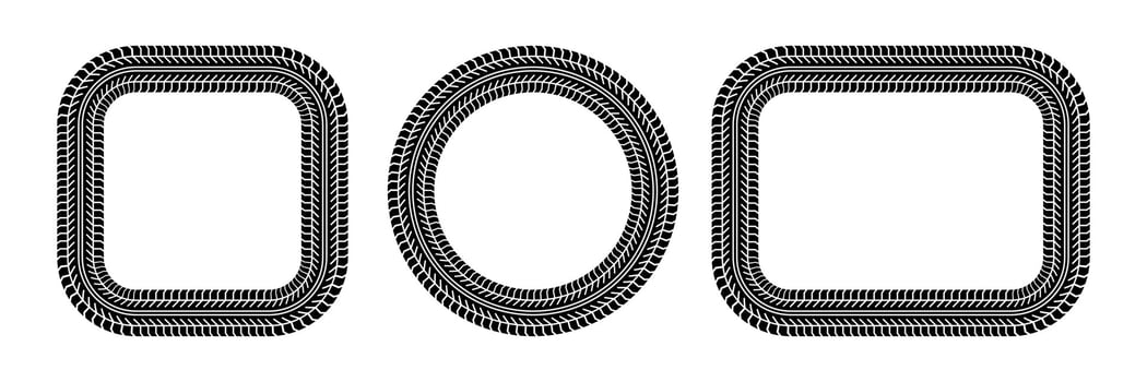 Auto tire tread rectangle and circle frame. Car and motorcycle tire pattern, wheel tyre tread track print. Black tyre square and round border. Vector illustration isolated on white background
