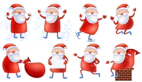 Funny cute cartoon Santa Claus with big bag with presents, in different poses, running, jumping, holding banner. Postcard Merry Christmas and Happy New Year. Merry Christmas vector illustration.