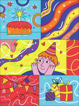 Vibrant Happy Birthday Poster Psychedelic Retro Vibes. Greeting Card Happy Birthday. Best Wishes. Comic Book Style Birthday Poster. Retro Vibes 90s vector