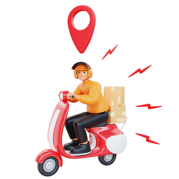 3d render orange courier ride motorbikes to deliver packages png