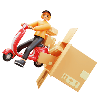 3d render orange courier ride motorbikes to deliver packages png