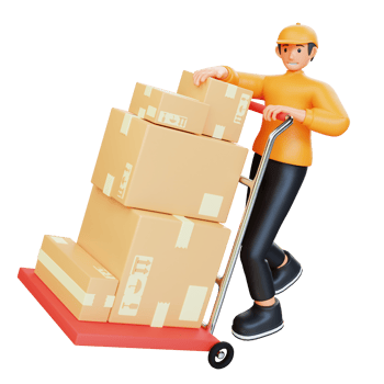 3d render orange courier carries the package with cart png