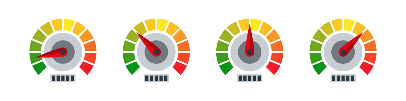 Gauge icons. Risk level gauge. Level indicator. Performance measurement. Vector graphic