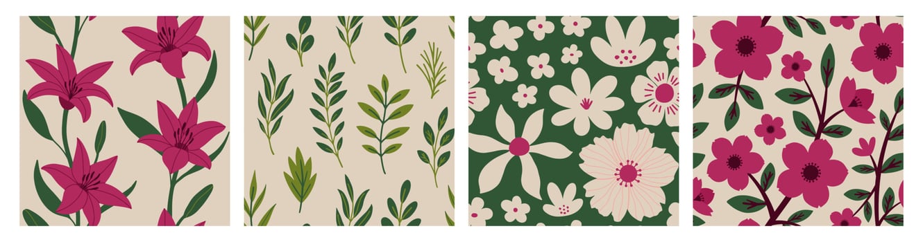 Aesthetic Contemporary printable seamless pattern with Spring botanical print design. Decorative chamomile, flowers and leaves. Pastel boho background in minimalist mid century style for fabric vector