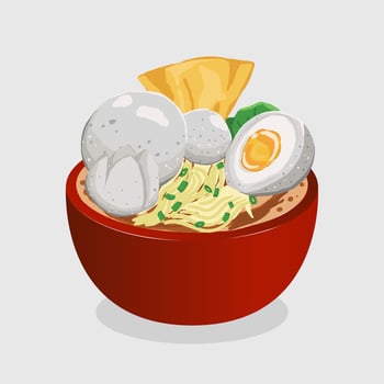 Hand drawn delicious food bakso with meatball and noodle, indonesian traditional cuisine. vector