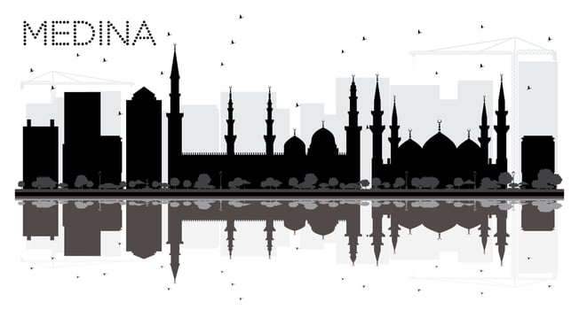 Medina Saudi Arabia City skyline black and white silhouette with Reflections. vector
