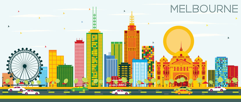 Melbourne Skyline with Color Buildings and Blue Sky. vector