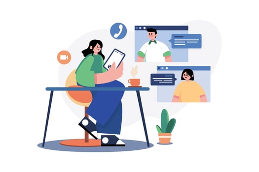 Lady Doing Online Meeting On A Tablet With Coffee Cup On The Desk vector