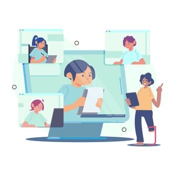 people having a business meeting. virtual meetings with various races and people with disabilities. Vector Flat Illustration.-flat cartoon vector illustration
