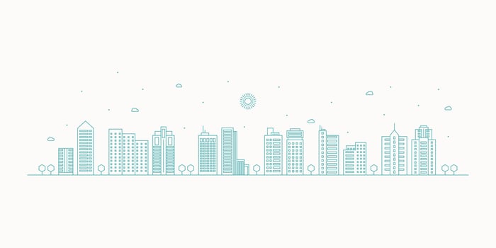 Cityscape. Modern flat line landscape vector. City landscape line art illustration with building, tower, skyscrapers. Vector illustration.