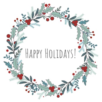Happy holidays christmas vintage round wreath with berries foliage and holly vector