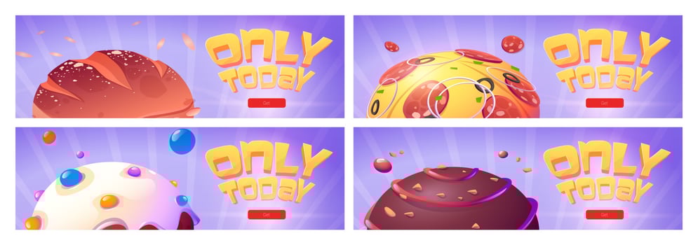 Only today cartoon banners with food planets. vector