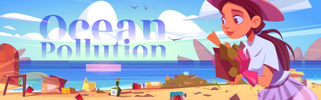 Ocean pollution cartoon web banner, clean up beach vector