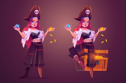 Girl pirate with treasure chest, woman captain vector